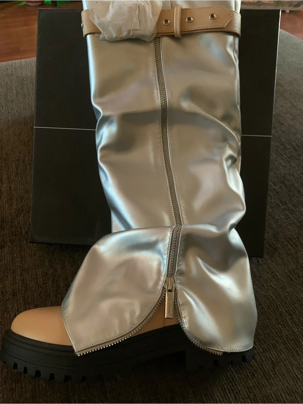 Cape Robbin striking metallic silver fold-over lug-sole boots feature a tan base